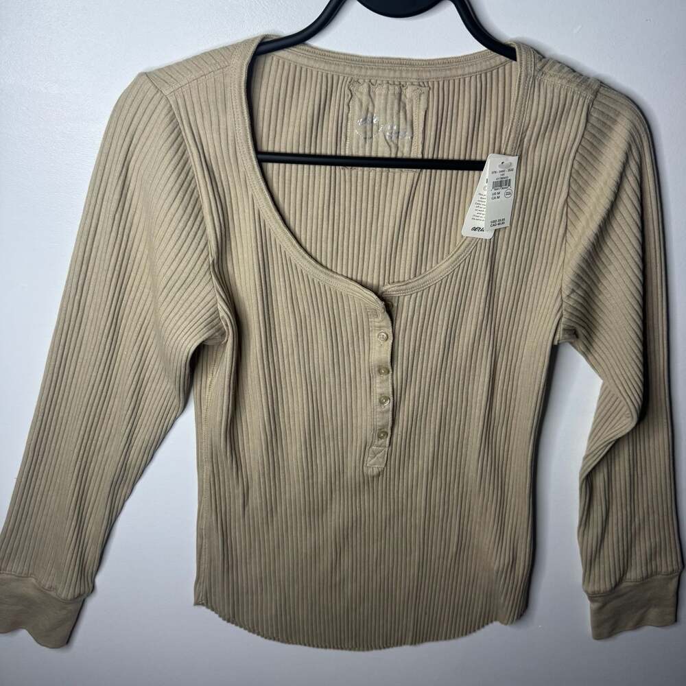 Aerie Essential Henley Medium Long Sleeve Ribbed Layering Top NWT - Picture 9 of 15